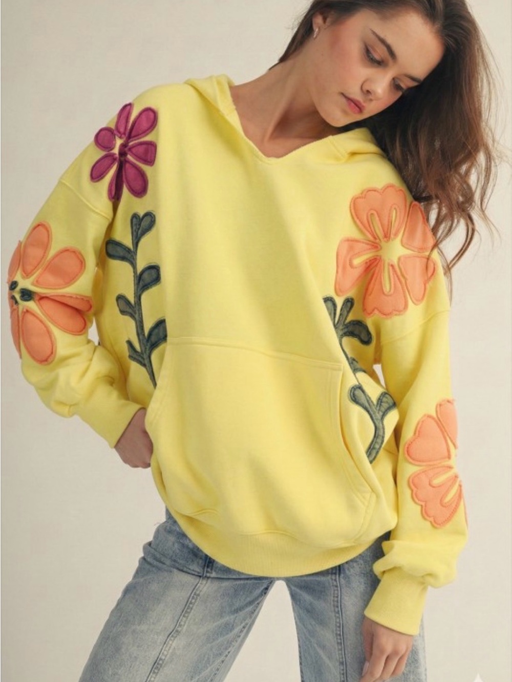 Yellow Floral Appliqué Hoodie
